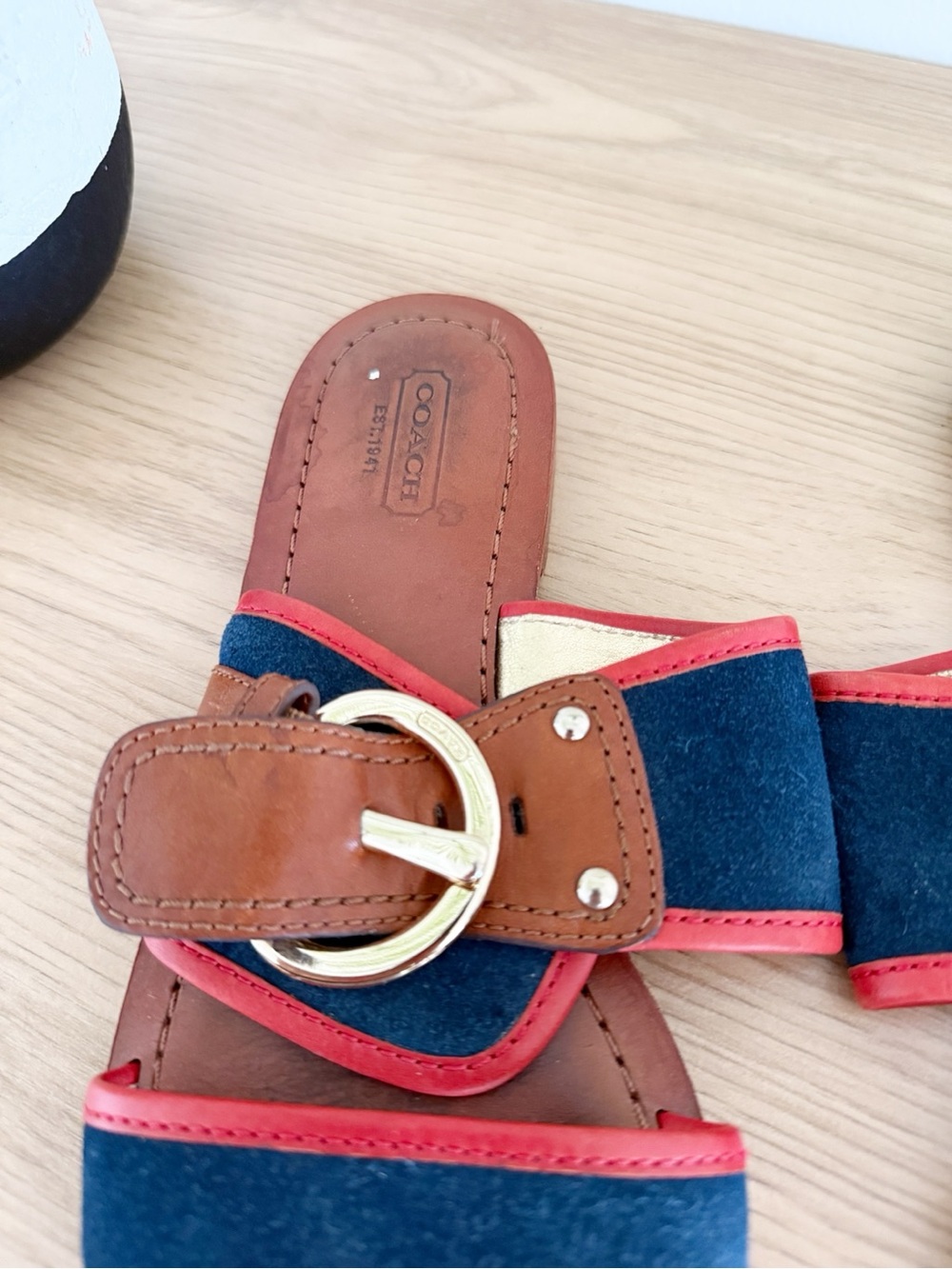 Coach Savannah Vachetta Leather Brown/Blue/Red Slide Sandals Size 5.5 - Picture 4 of 6